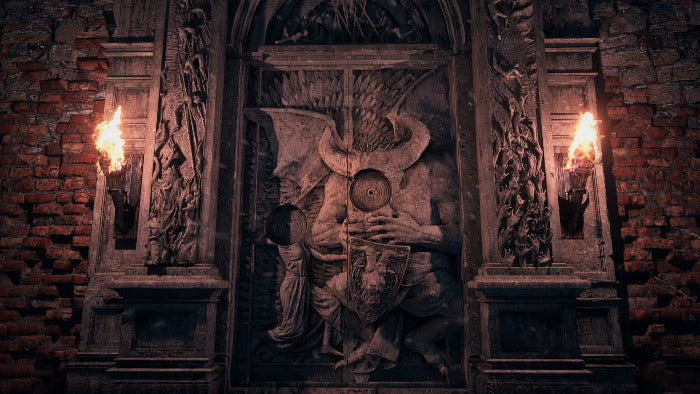 Decorative wall panel with a central figure and two lit candles on a brick wall background