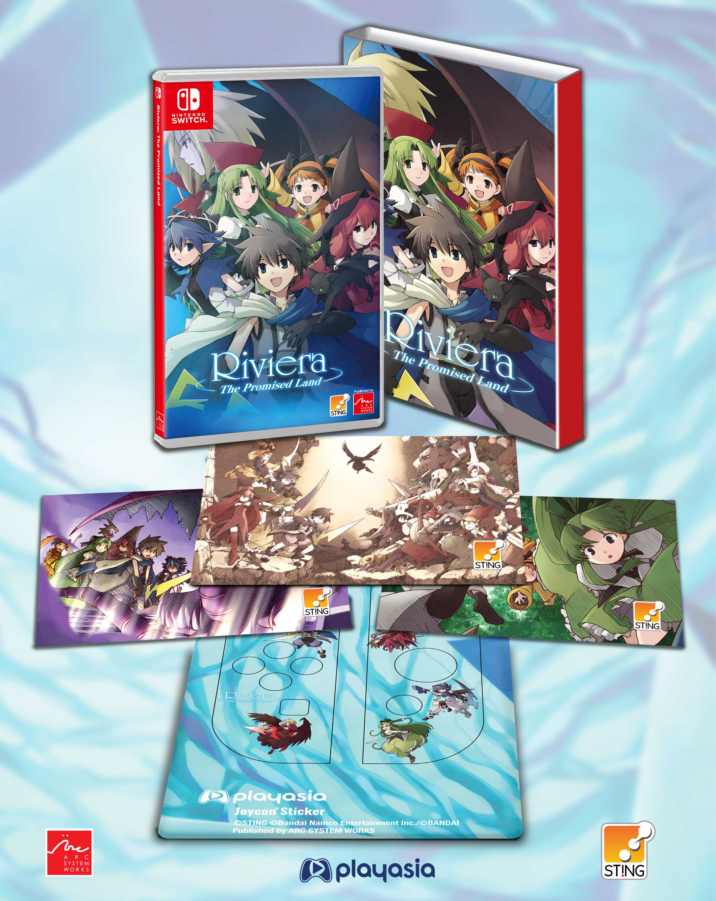 Nintendo Switch game console with 'Riviera: The Promised Land' packaging and additional artwork on a light blue background.