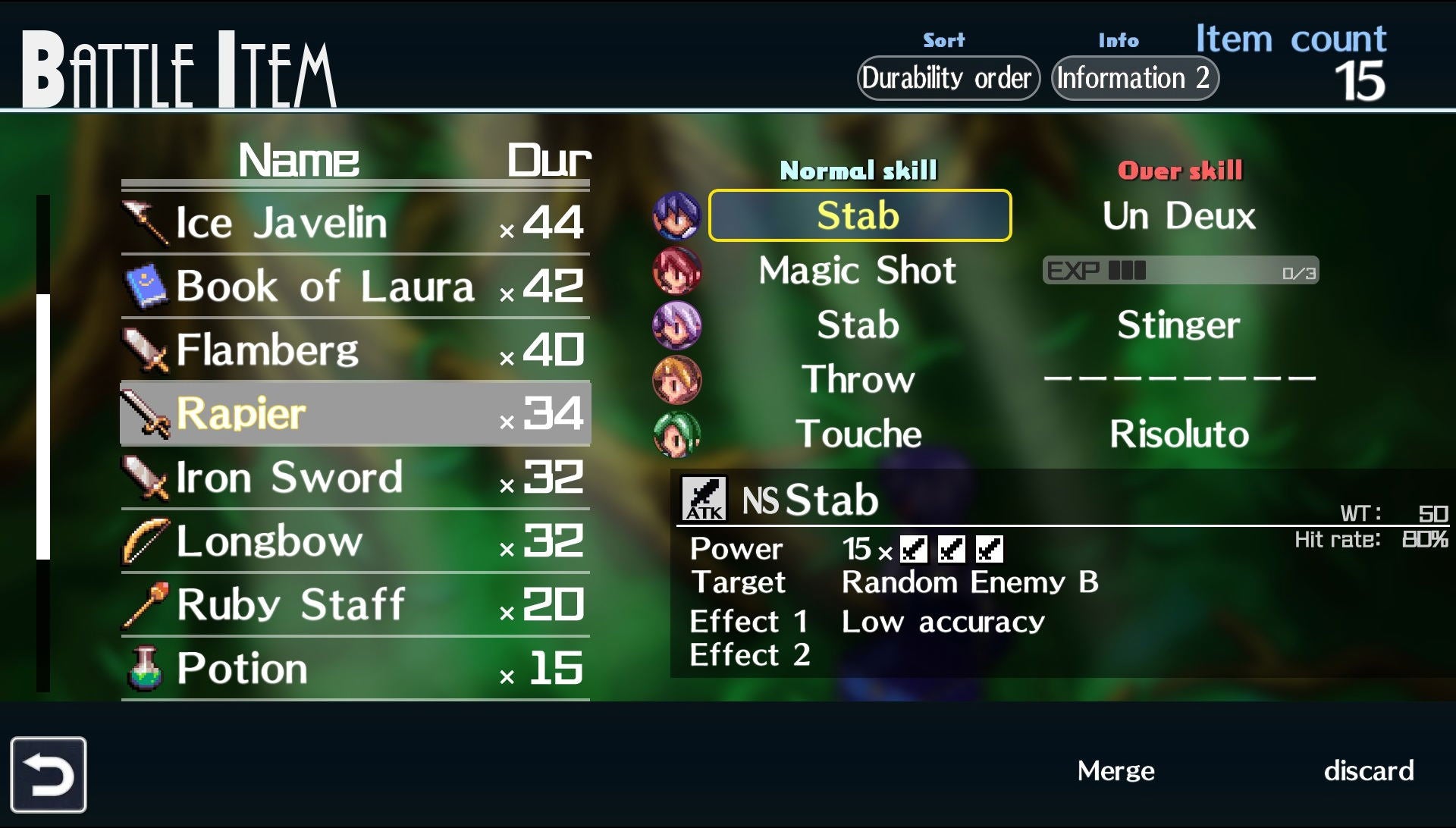 Game interface showing a list of battle items with details like name, quantity, and skills.