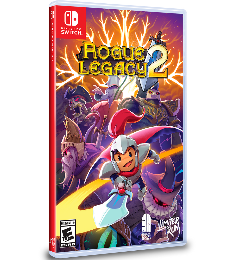 Game case for 'Rogue Legacy 2' on Nintendo Switch with colorful design and characters.