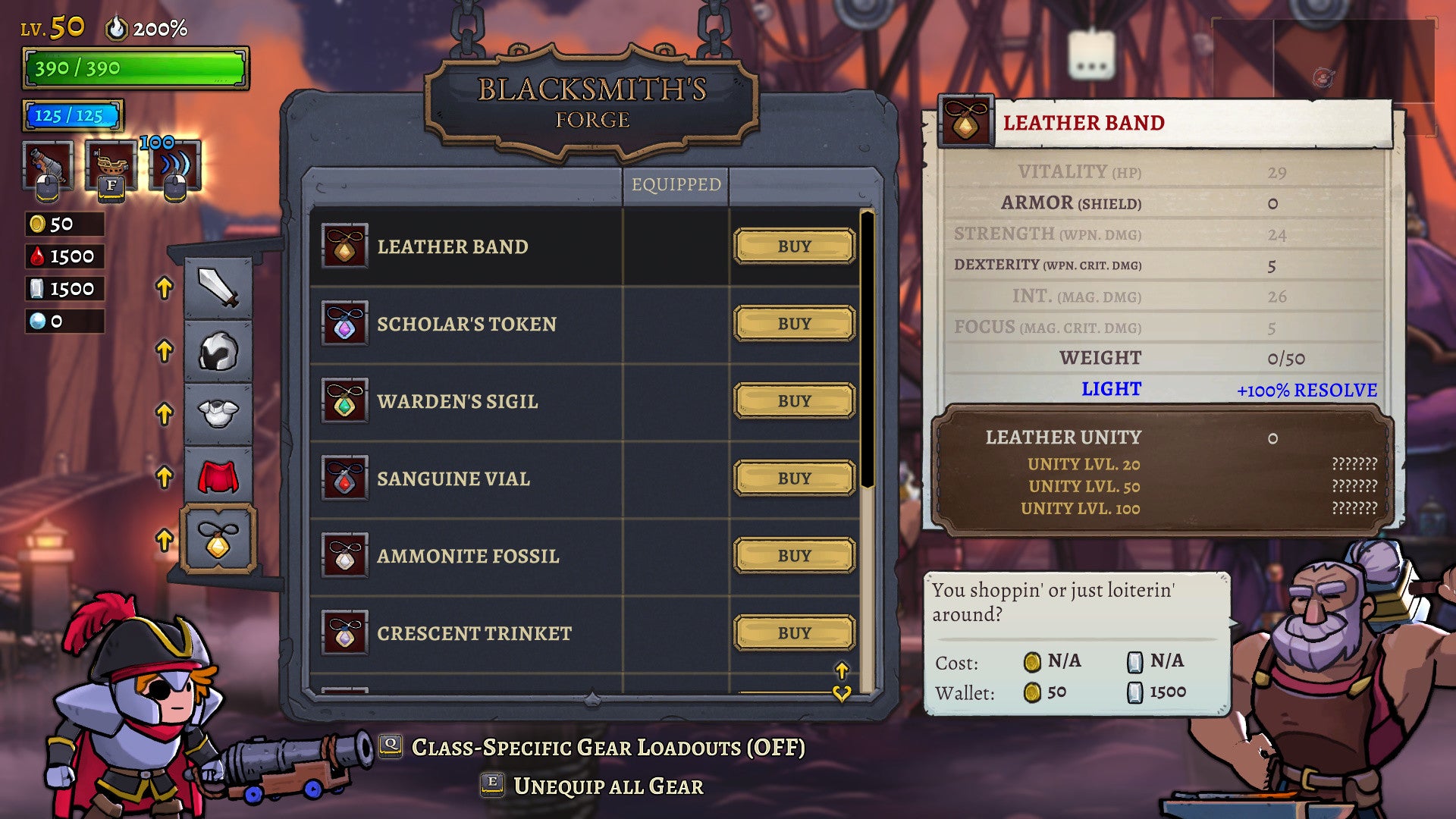Game interface showing a blacksmith's forge with gear options and a leather band item description.