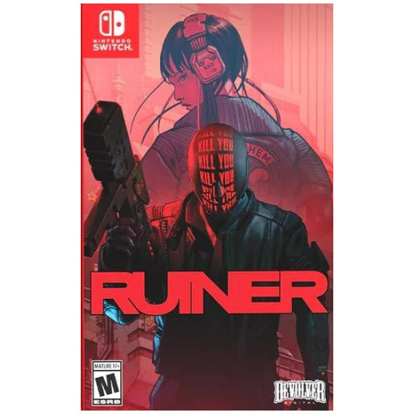 Nintendo Switch game box art for the title 'RUNER' featuring a stylized red and black illustration of a woman holding a gun and a masked figure in the foreground, with the Nintendo Switch logo in the top left and the Parental Guidance rating in the bottom left.
