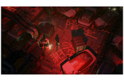 A stylized top-down scene with two human figures standing in a dark industrial alley filled with cars and red lighting. This appears to be digital artwork or a game-style scene rather than a physical retail product photo, so subject_type is best classified as Other.