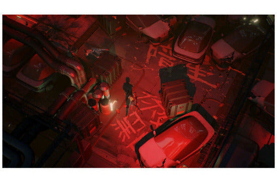 A stylized top-down scene with two human figures standing in a dark industrial alley filled with cars and red lighting. This appears to be digital artwork or a game-style scene rather than a physical retail product photo, so subject_type is best classified as Other.