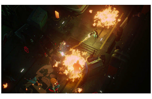 A top-down action scene showing a character in a dark futuristic environment with bright orange explosions and glowing light effects.