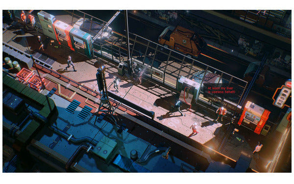 A high-angle digital illustration of a futuristic sci-fi city street scene at night, featuring trains, vehicles, and small characters with dramatic neon lighting.