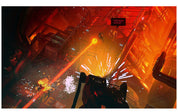 A dramatic sci-fi scene with a dark futuristic vehicle or structure in the foreground, bright orange and red lighting, sparks, and industrial machinery in the background. A small text label near the upper right reads 'Rust Reactor Reactor.