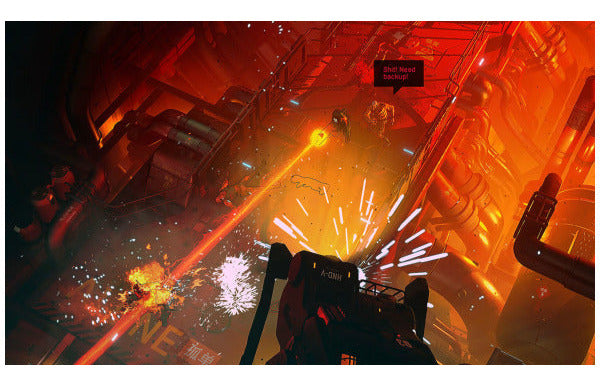A dramatic sci-fi scene with a dark futuristic vehicle or structure in the foreground, bright orange and red lighting, sparks, and industrial machinery in the background. A small text label near the upper right reads 'Rust Reactor Reactor.