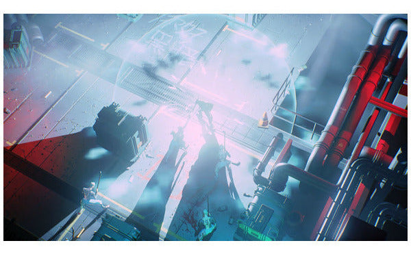 A stylized sci-fi industrial scene with silhouetted figures standing in a bright blue-white light, surrounded by metallic structures and red pipes, centered on a white background.