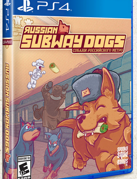 PlayStation 4 cover for the game Russian Subway Dogs, featuring colorful cartoon-style illustrations of dogs and a human on a subway train.
