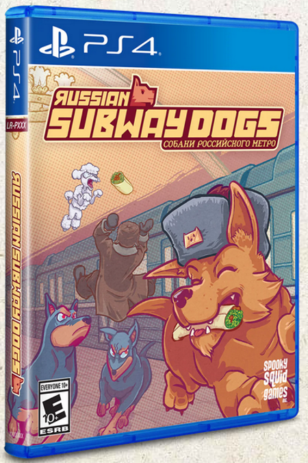 PlayStation 4 cover for the game Russian Subway Dogs, featuring colorful cartoon-style illustrations of dogs and a human on a subway train.
