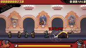 Pixel art game scene with characters and a large cat-like creature in an ornate hall.