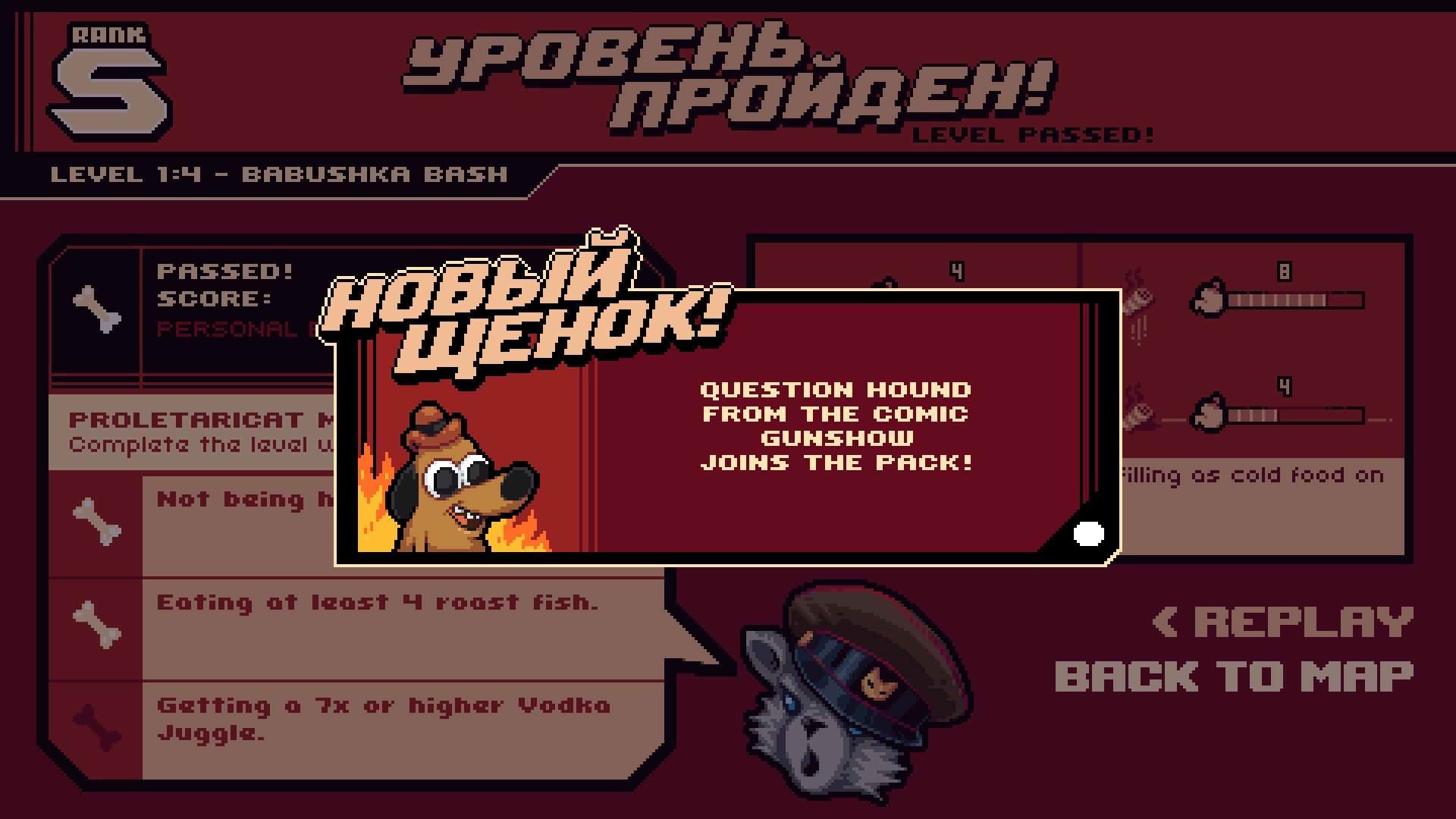 Game level completion screen with character addition announcement on a red background