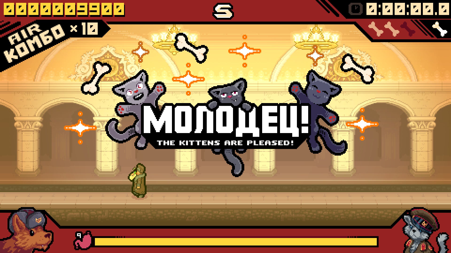 Animated scene with three cats and text in a stylized game interface