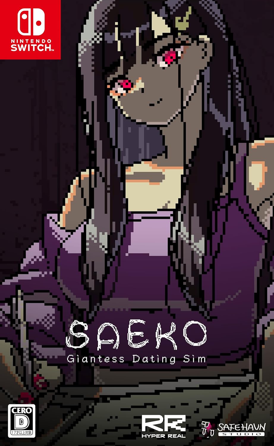 Pixel art game cover for 'SAEKO: Giantess Dating Sim' on Nintendo Switch with a dark background.