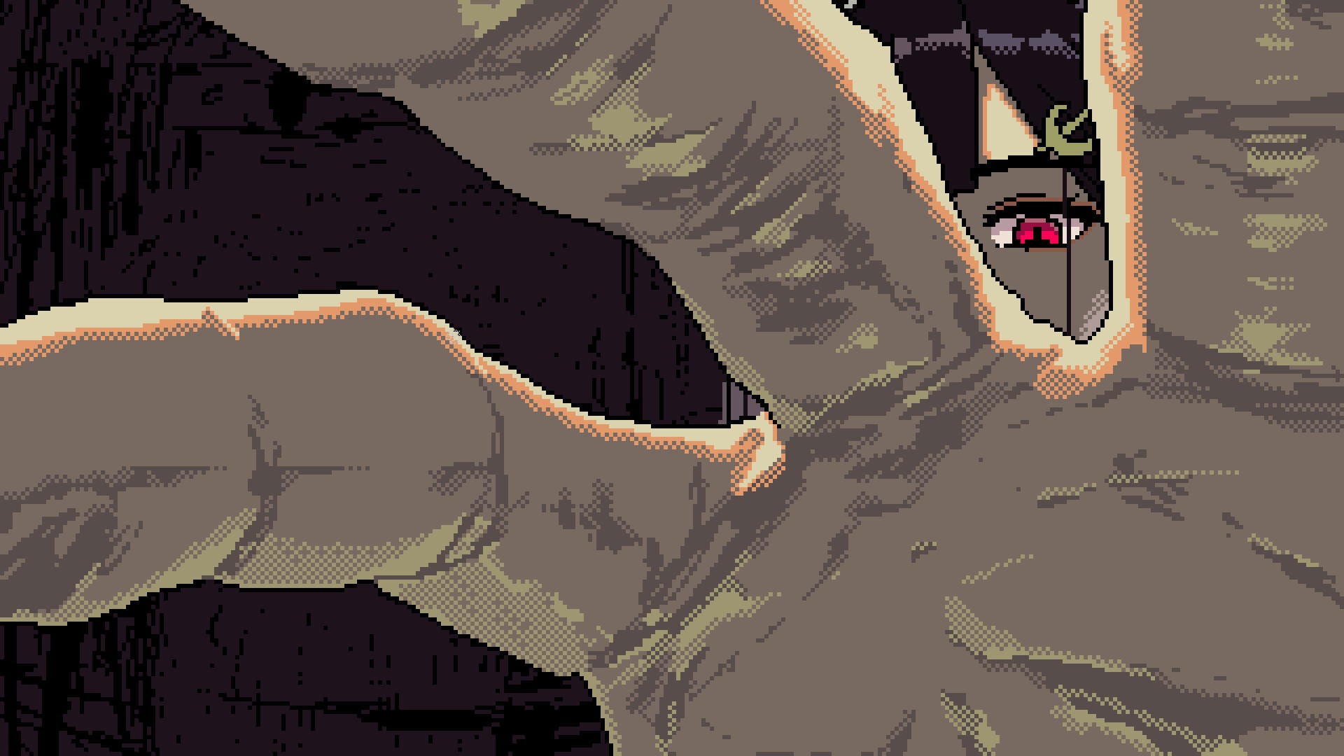 Pixel art character with large creature in a close-up view
