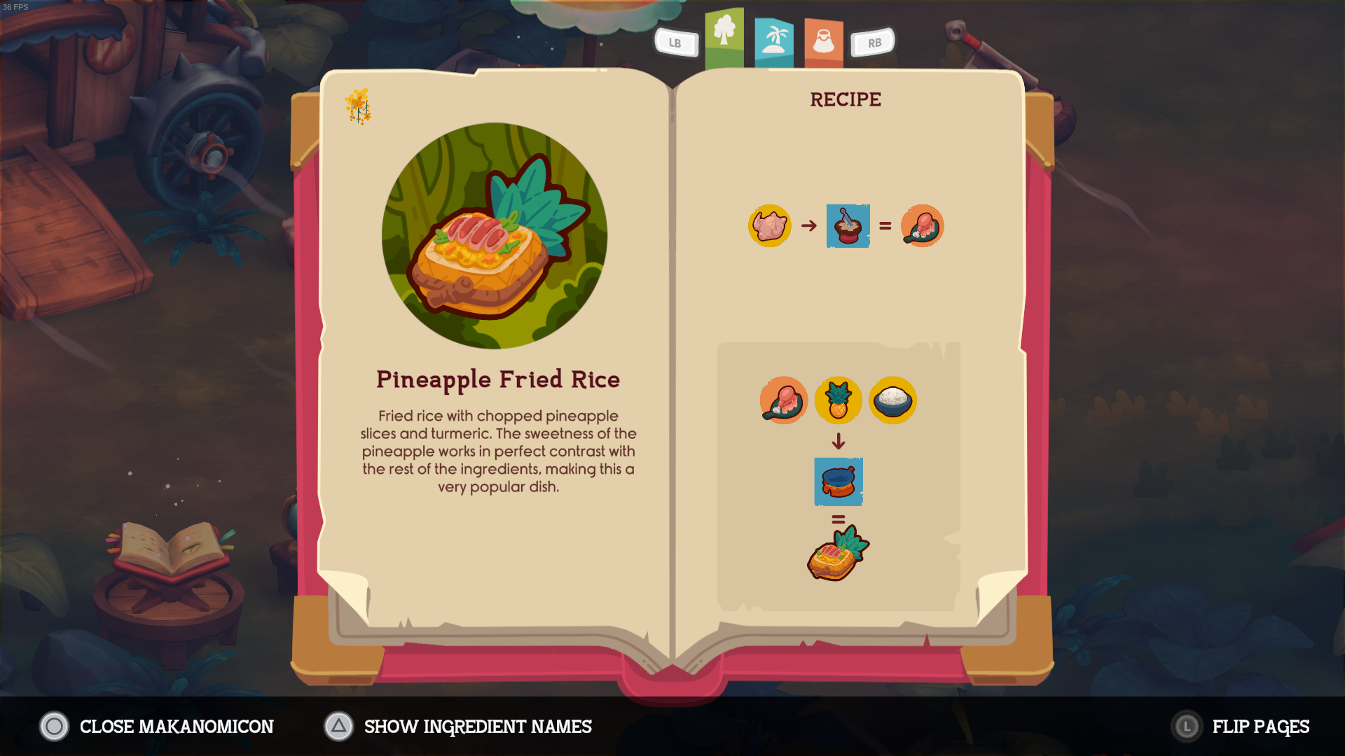Game interface showing a recipe book for Pineapple Fried Rice with ingredients and preparation steps.