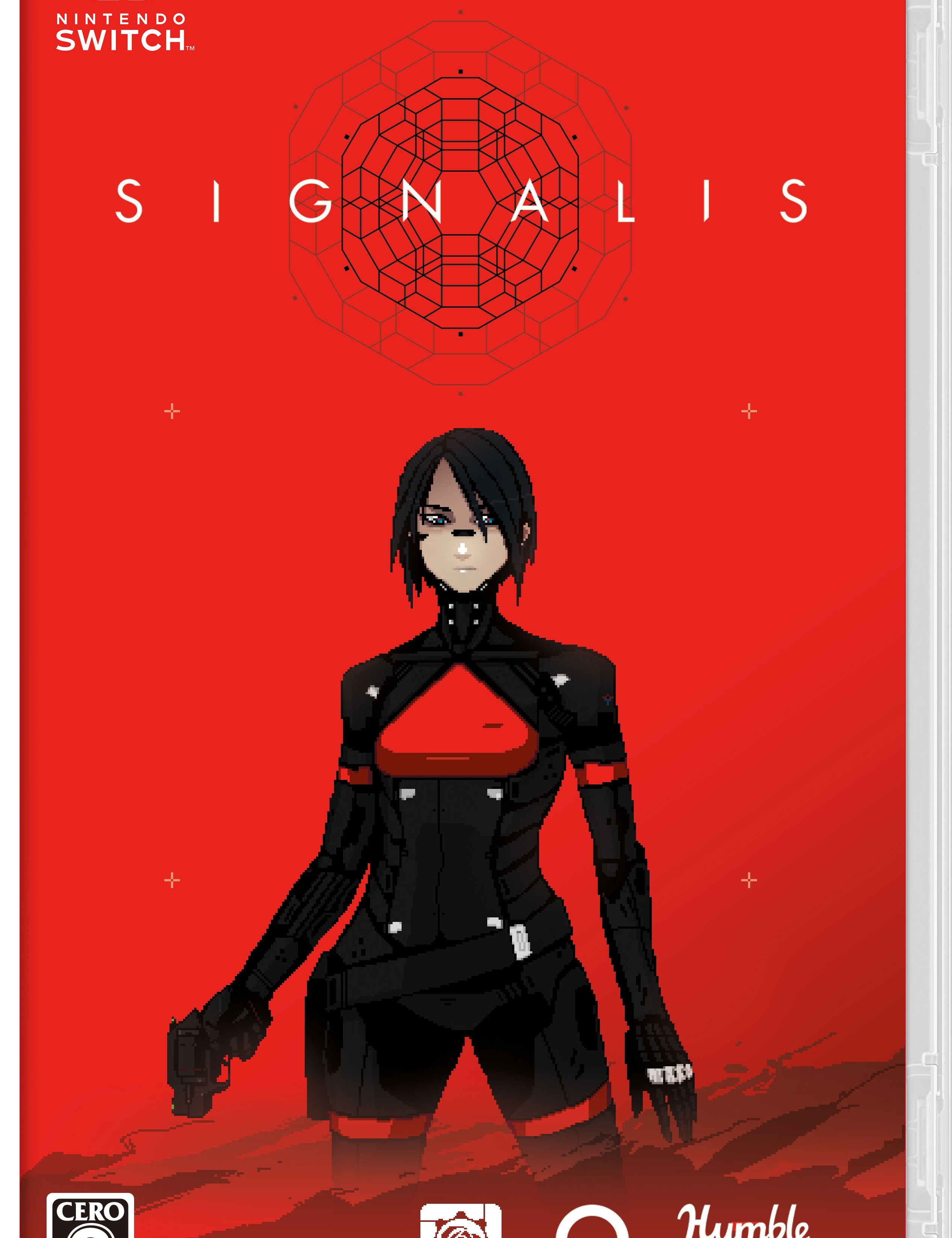 Game cover for 'Signalis' on Nintendo Switch with a character in black attire on a red background.