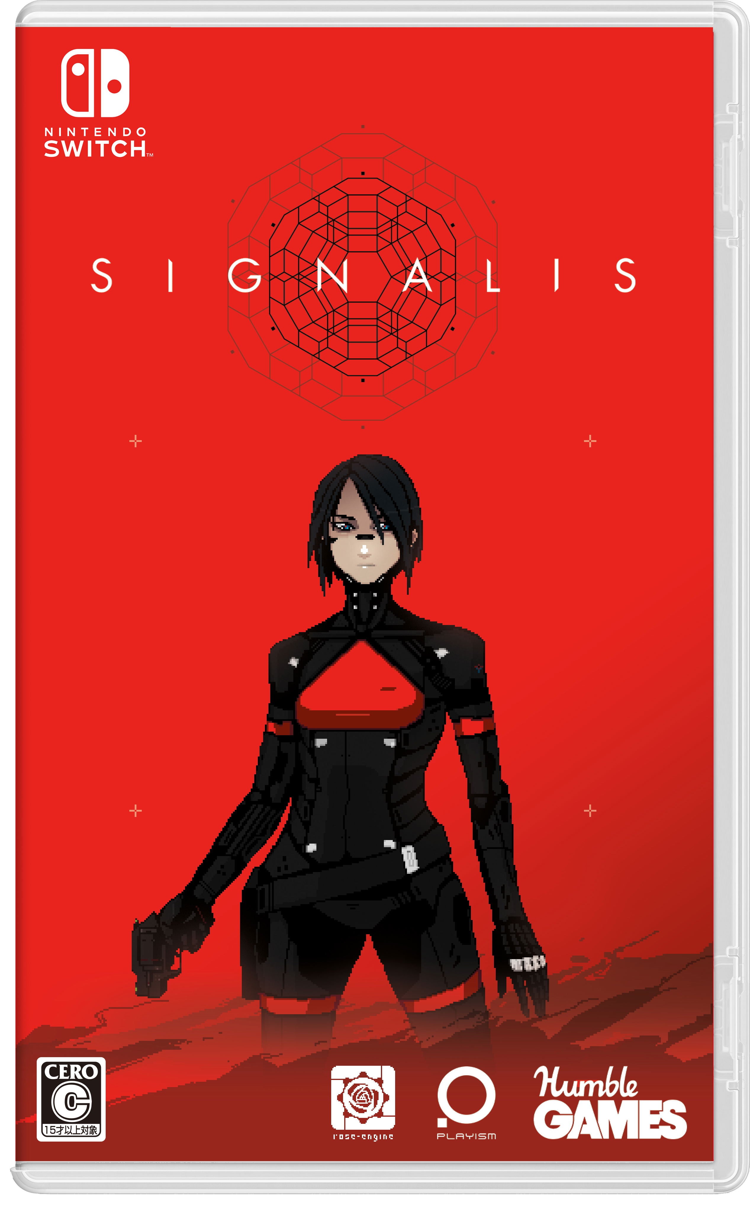 Game cover for 'Signalis' on Nintendo Switch with a character in black attire on a red background.