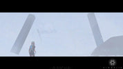 Person standing in front of large cylindrical structures with a foggy background