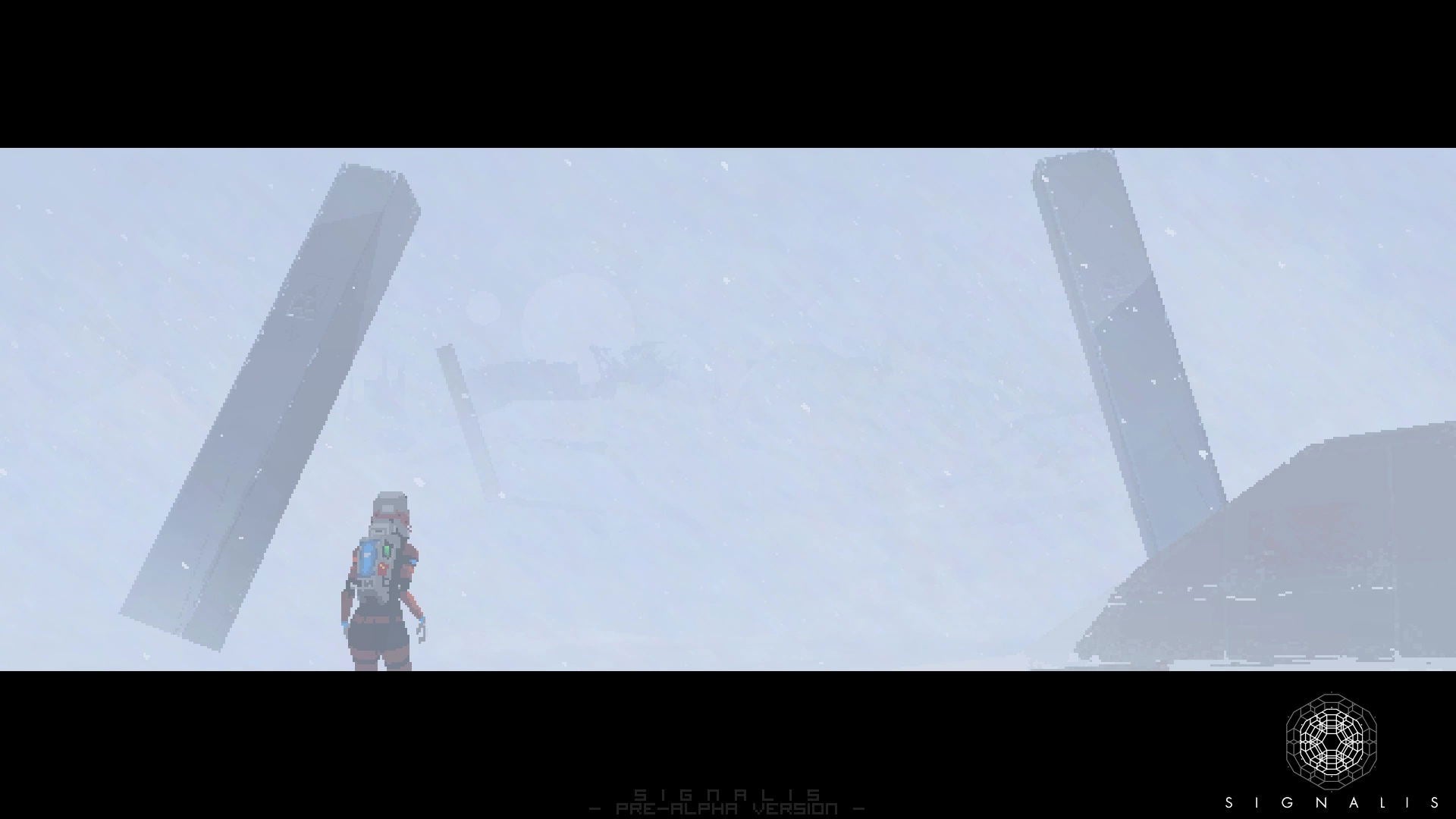 Person standing in front of large cylindrical structures with a foggy background