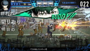 Action-packed scene from a video game with characters in a school setting, featuring a large green character with a sword.