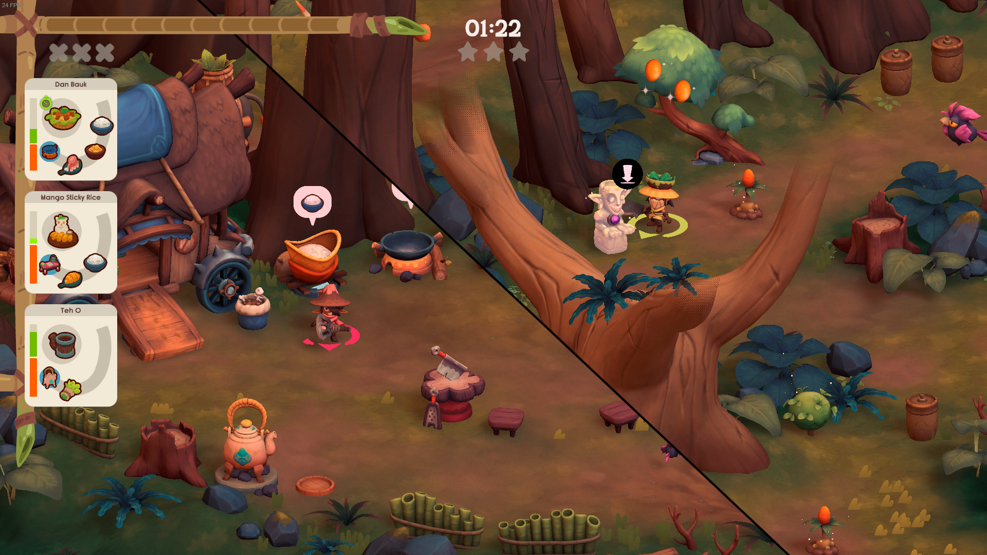 Screenshot of a colorful animated scene with characters and objects in a forest setting.