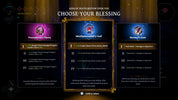 A digital game interface screen showing three blessing options under the heading 'CHOOSE YOUR BLESSING'. The options are 'Persphere's Thorn', 'Mictleantaculi's Veil', and 'Hermes' Gust', each with a gold-bordered card, a 1-4 damage reduction effect, and a corresponding gold icon.