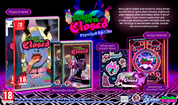 Promotional product graphic for the video game Sorry We're Closed Premium Edition, showing the game box, reversible cover, sticker sheet, design booklet, download code card, and soundtrack card on a neon purple background with product descriptions and platform logos.