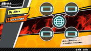 Japanese game interface graphic with a yellow and black hexagonal design, red flame-like background elements, and illustrated smartphone icons connected to a glowing globe symbol.