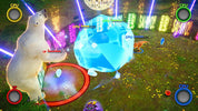 A stylized video game scene showing a white polar bear standing on its hind legs beside a glowing blue ice cube, with neon signs, a disco ball, and virtual on-screen controls around the edges.