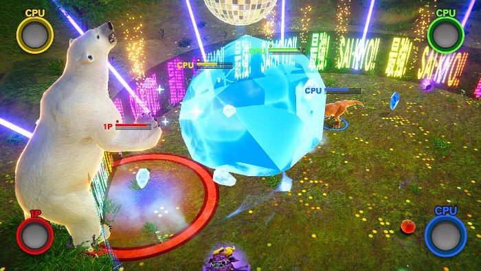 A stylized video game scene showing a white polar bear standing on its hind legs beside a glowing blue ice cube, with neon signs, a disco ball, and virtual on-screen controls around the edges.