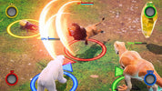 A 3D digital game render showing several animals on a grassy field: a lion in the center with glowing orange and red action effects, a white polar bear in the lower left, a large orange dinosaur-like creature in the lower right, and smaller insect-like creatures near the top left. UI elements including CPU and 1P labels and colored circular controls are visible.