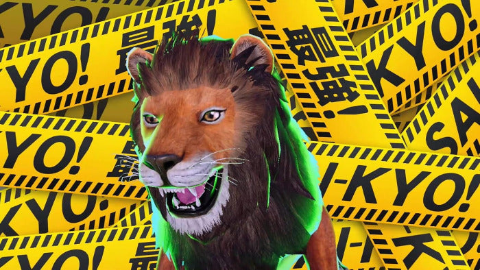 A lion costume headpiece or lion mask with a brown mane, white muzzle, and green glowing accents, set against a background of yellow caution tape printed with 'TOKYO!' and Japanese characters.