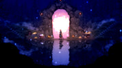 Mystical scene with a glowing pink archway in a dark, starry landscape.
