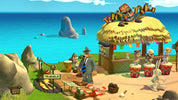 Sandbox game scene with a character in a suit standing near a tropical hut and drums on a beach.