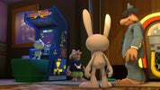Animated characters in a room with arcade games and a rabbit-like creature.