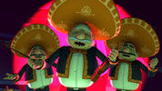 Three animated characters in mariachi outfits with large sombreros against a pink background
