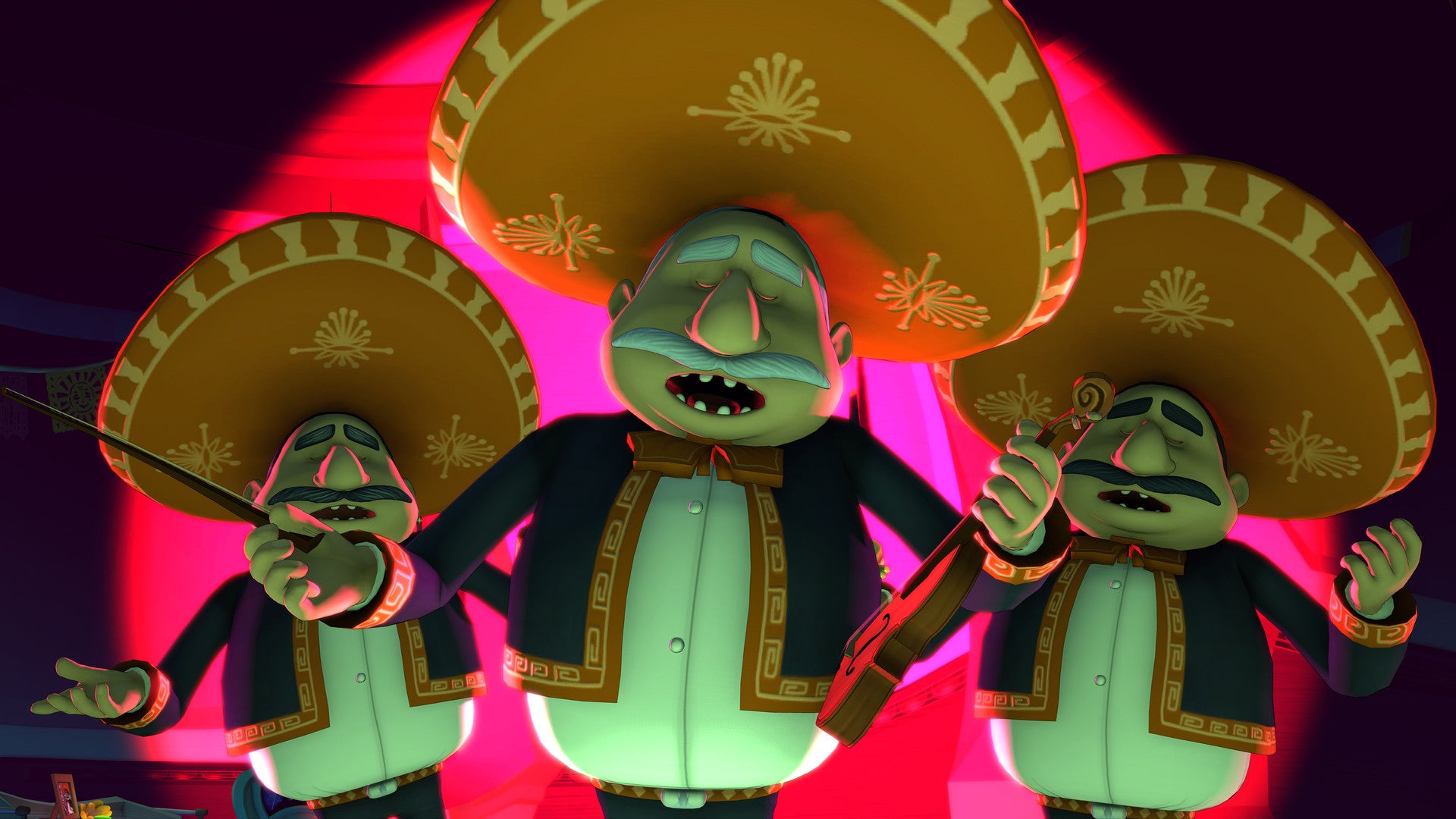 Three animated characters in mariachi outfits with large sombreros against a pink background