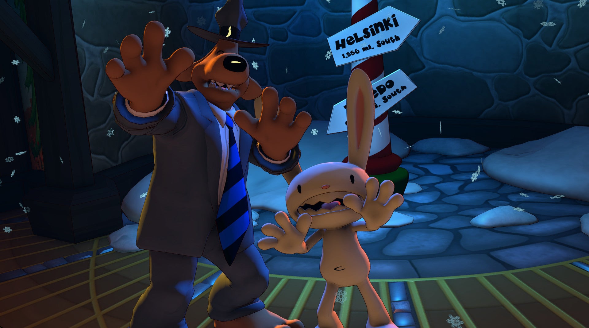 Two animated characters in a snowy landscape with a sign in the background.