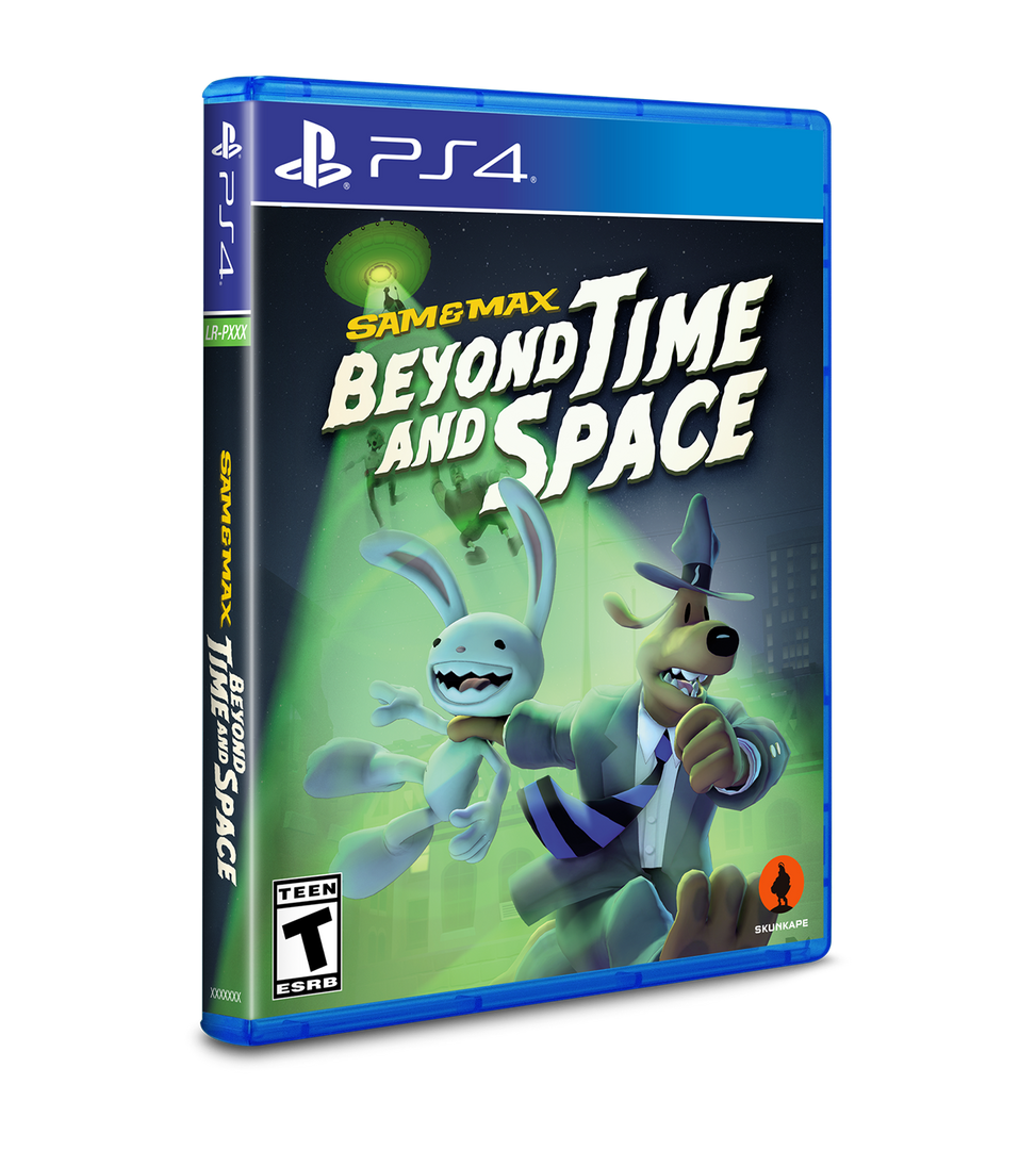 Game case for 'Sam & Max: Beyond Time and Space' on a PS4 platform with cartoon characters on a blue and black background.
