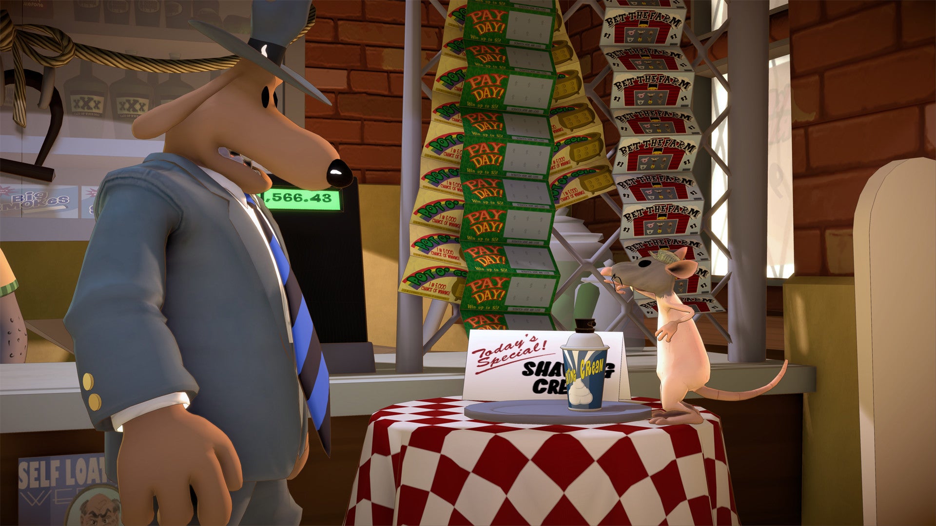 Animated character at a counter with a checkered tablecloth, shelves with snacks, and a computer screen displaying 'Baker's Shaving Cream'.