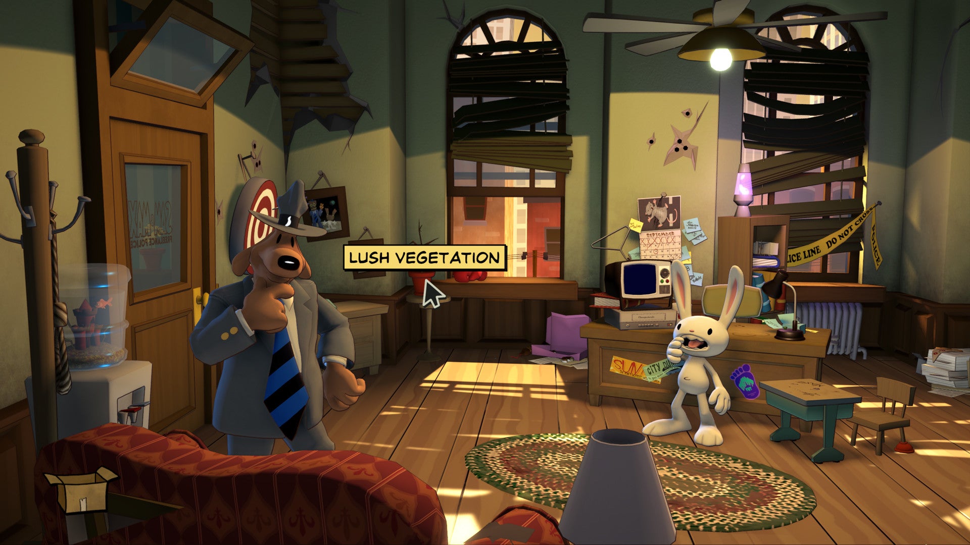 Animated characters in a room with a 'Lush Vegetation' sign and various objects.