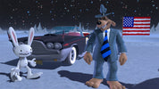 Animated characters in a snowy landscape with a car and American flag.