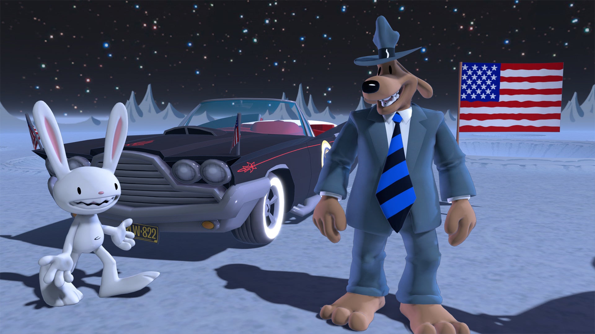 Animated characters in a snowy landscape with a car and American flag.