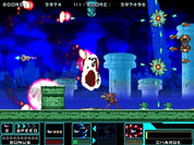 A retro 2D video game scene with a side-scrolling platformer in a neon blue futuristic environment. A white-and-black floating creature is centered, with a small brown humanoid character below it, multiple star-like projectiles, score and high-score text at the top, and a status bar with speed, bonus, and charge indicators along the bottom.