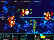 A retro 2D space shooter video game scene with pixelated blue planets, orange explosions, green laser beams, and a dark starry background. The top displays a score and high score, and the bottom includes a status bar with speed, bonus stars, and charge.