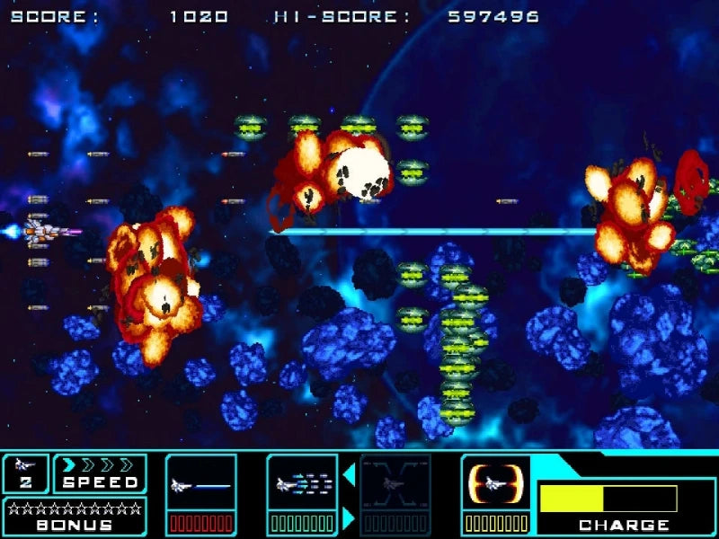 A retro 2D space shooter video game scene with pixelated blue planets, orange explosions, green laser beams, and a dark starry background. The top displays a score and high score, and the bottom includes a status bar with speed, bonus stars, and charge.