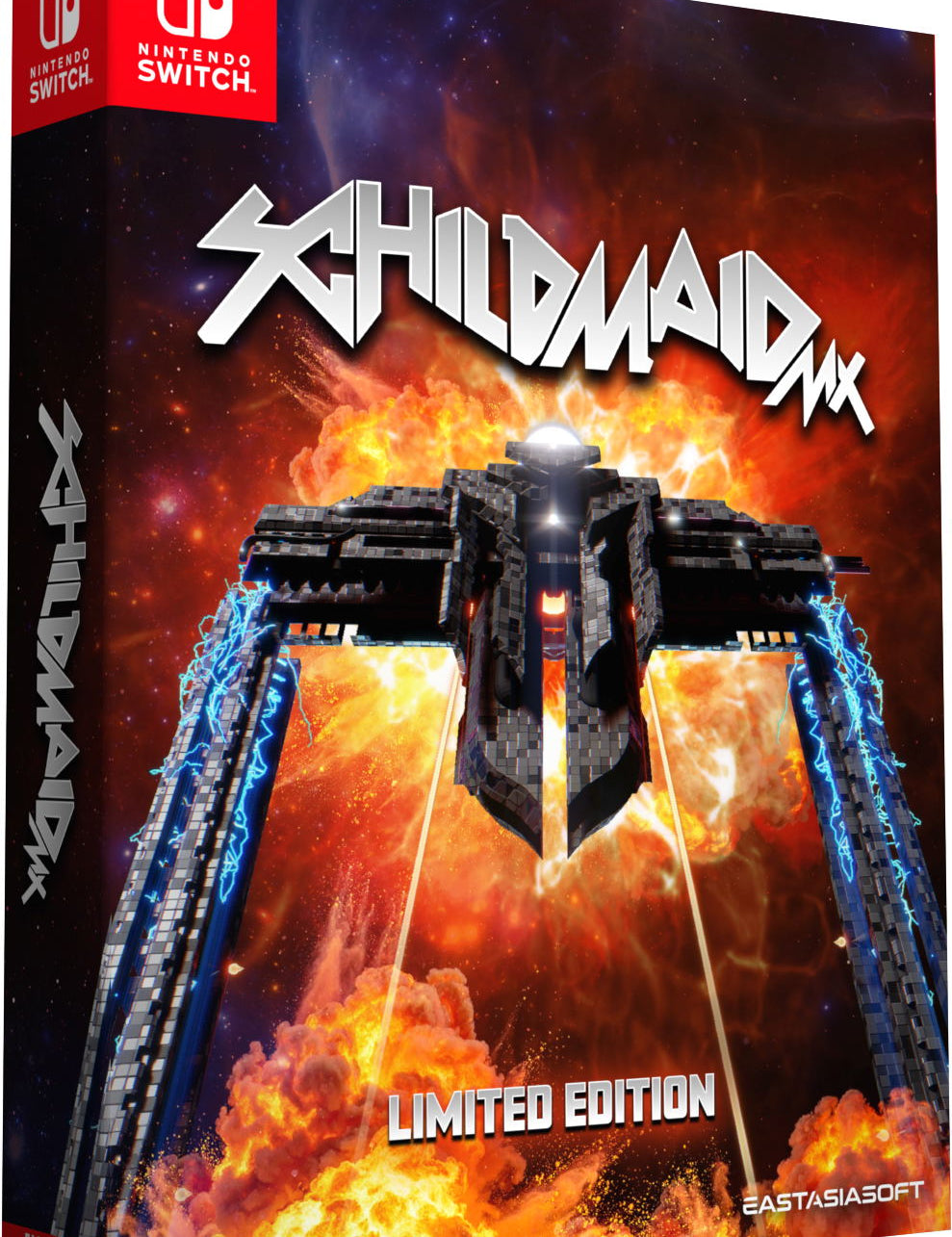 Limited edition 'Schildmaid' game box for Nintendo Switch with fiery design and spaceship illustration.