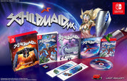 Collection of 'Schildmaid MX' game cases and packaging on a purple background with Nintendo Switch logo.
